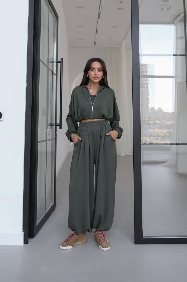 Haki İp Büzgülü Sweat Atlet Pantolon Takım