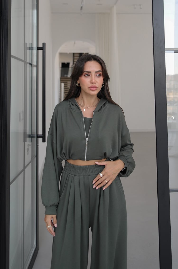Haki İp Büzgülü Sweat Atlet Pantolon Takım