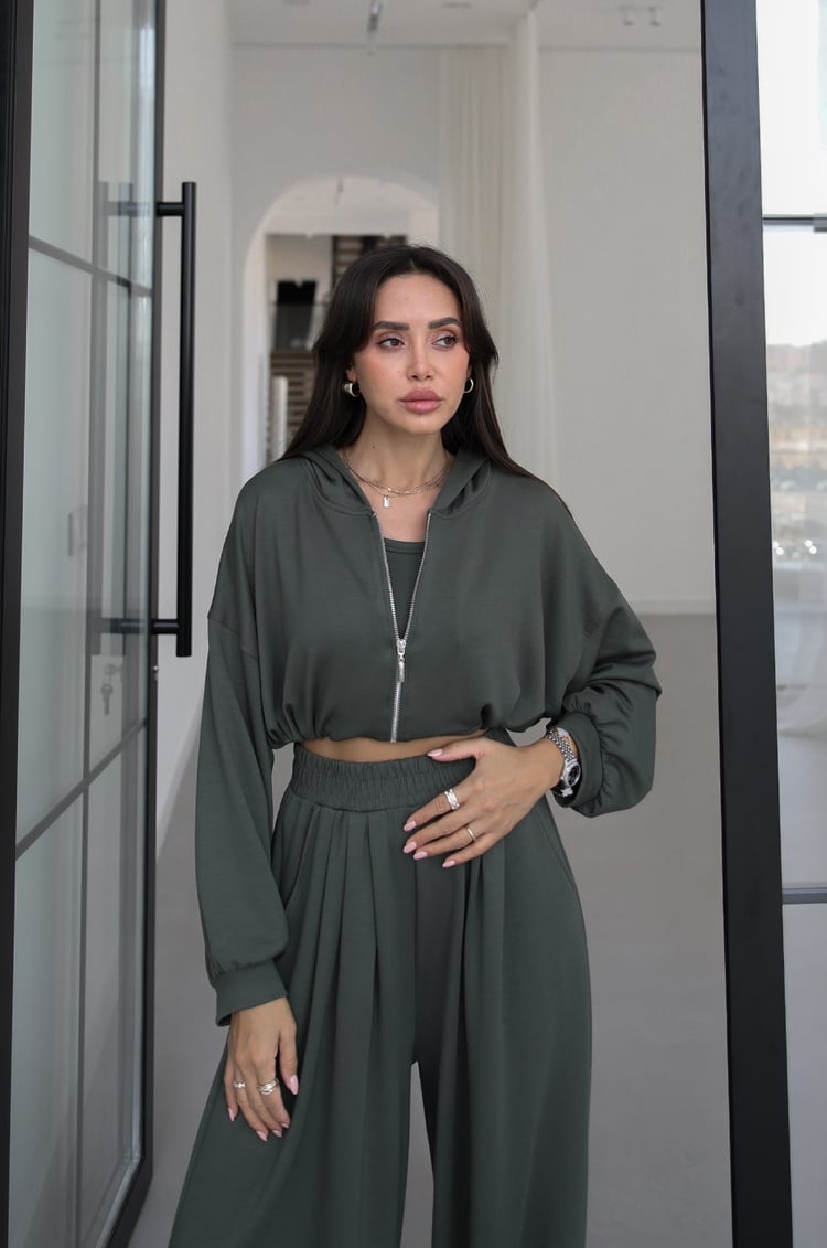 Haki İp Büzgülü Sweat Atlet Pantolon Takım