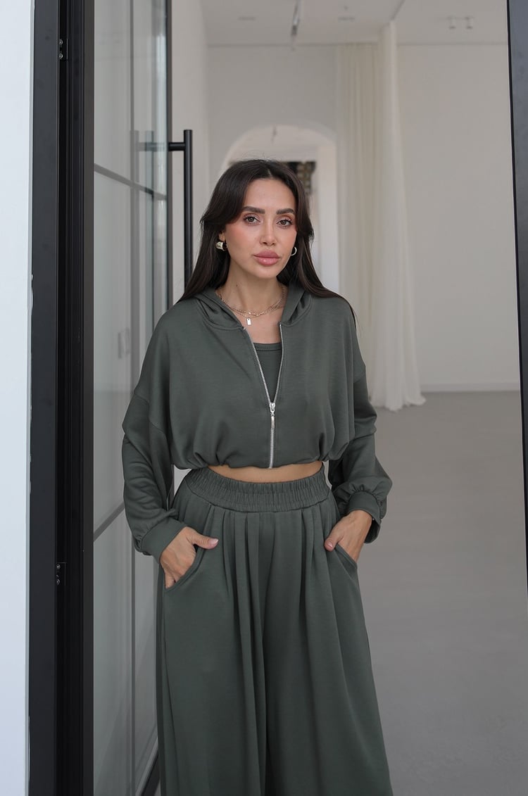 Haki İp Büzgülü Sweat Atlet Pantolon Takım