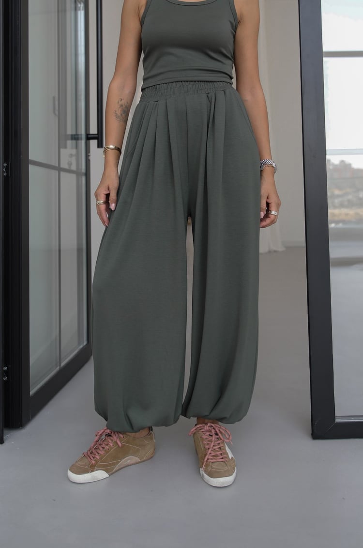 Haki İp Büzgülü Sweat Atlet Pantolon Takım
