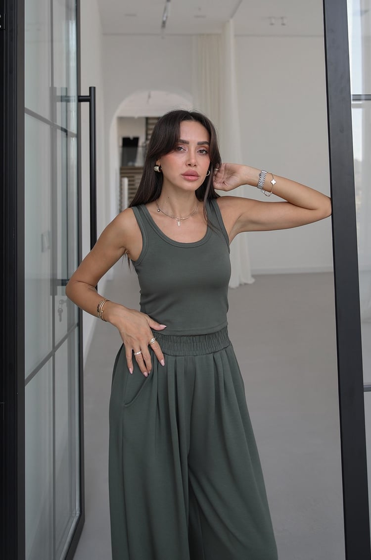 Haki İp Büzgülü Sweat Atlet Pantolon Takım