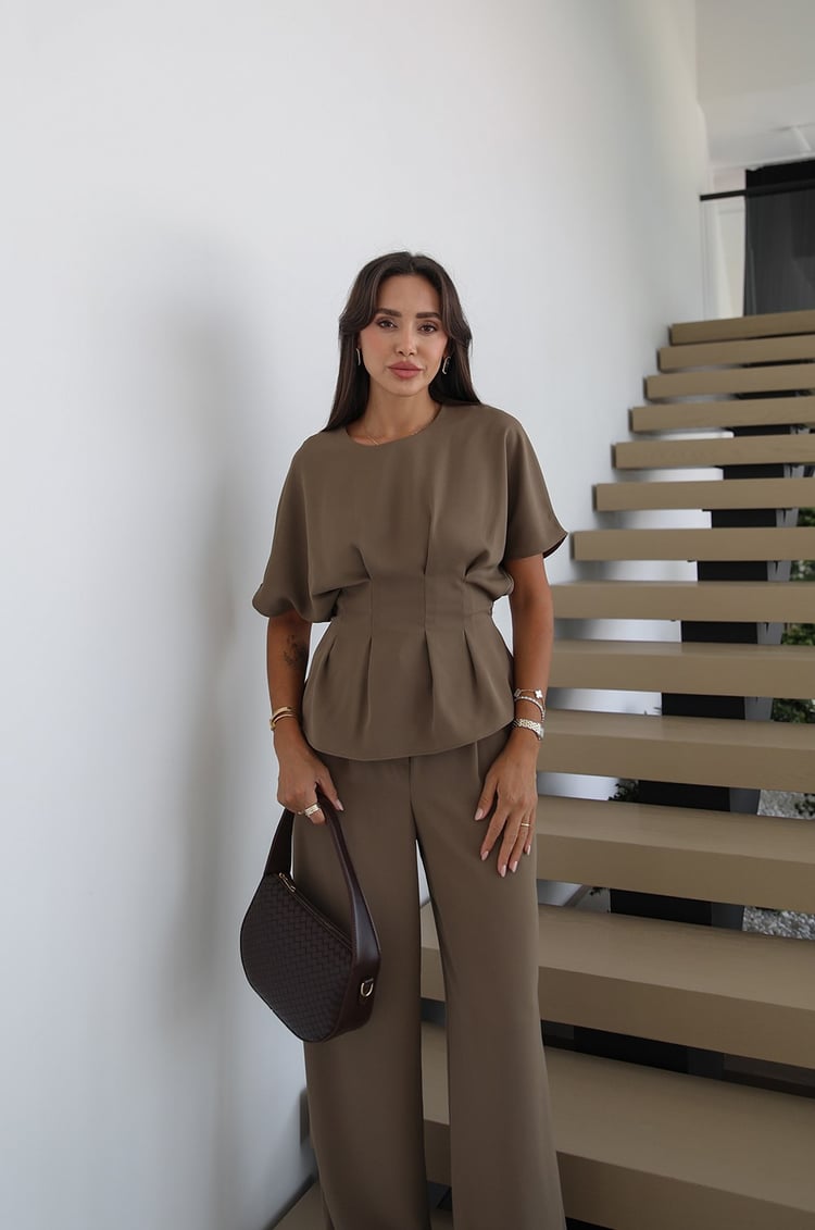 Haki İp Kemerli Pileli Bluz Pantolon Takım
