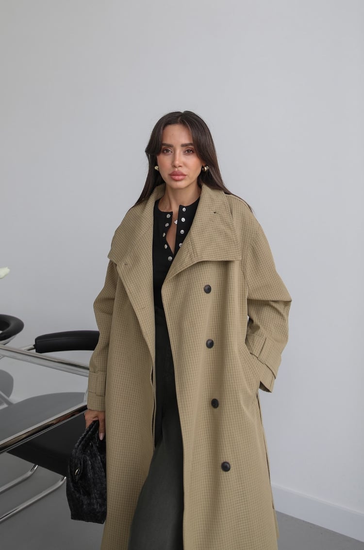 Haki Kareli Oversize Trençkot