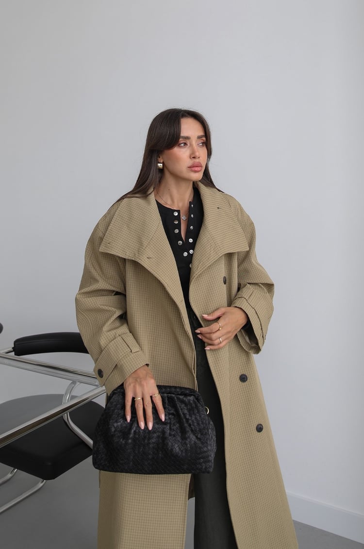 Haki Kareli Oversize Trençkot
