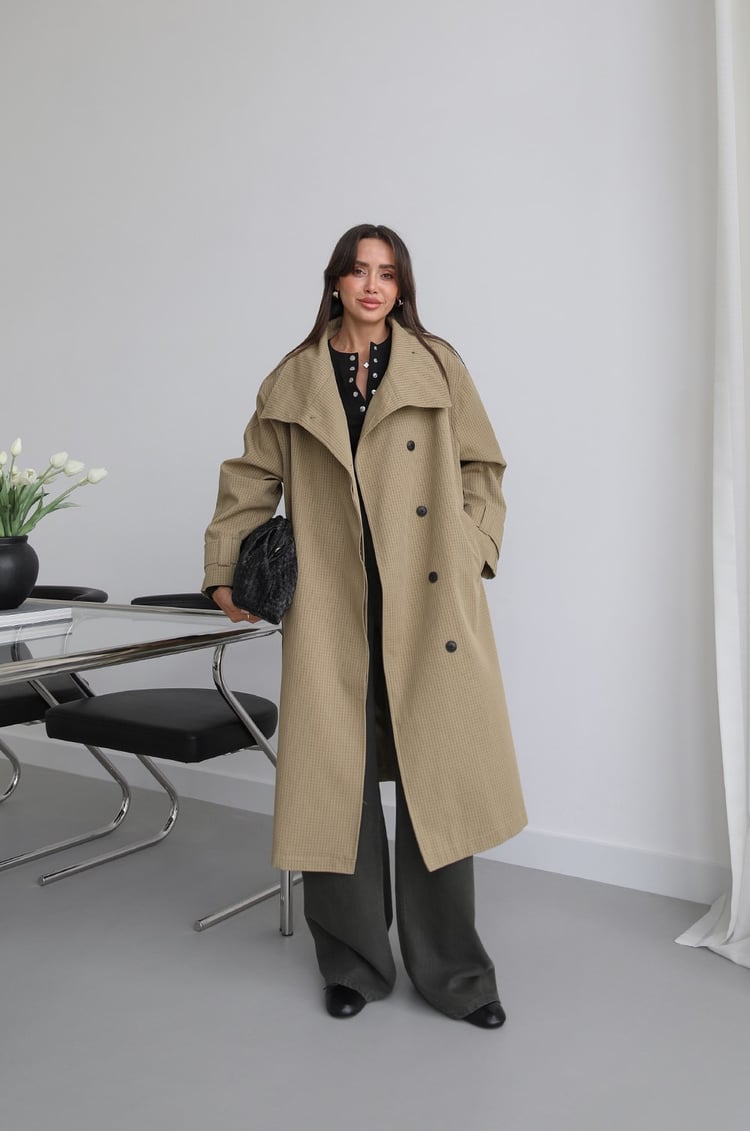 Haki Kareli Oversize Trençkot