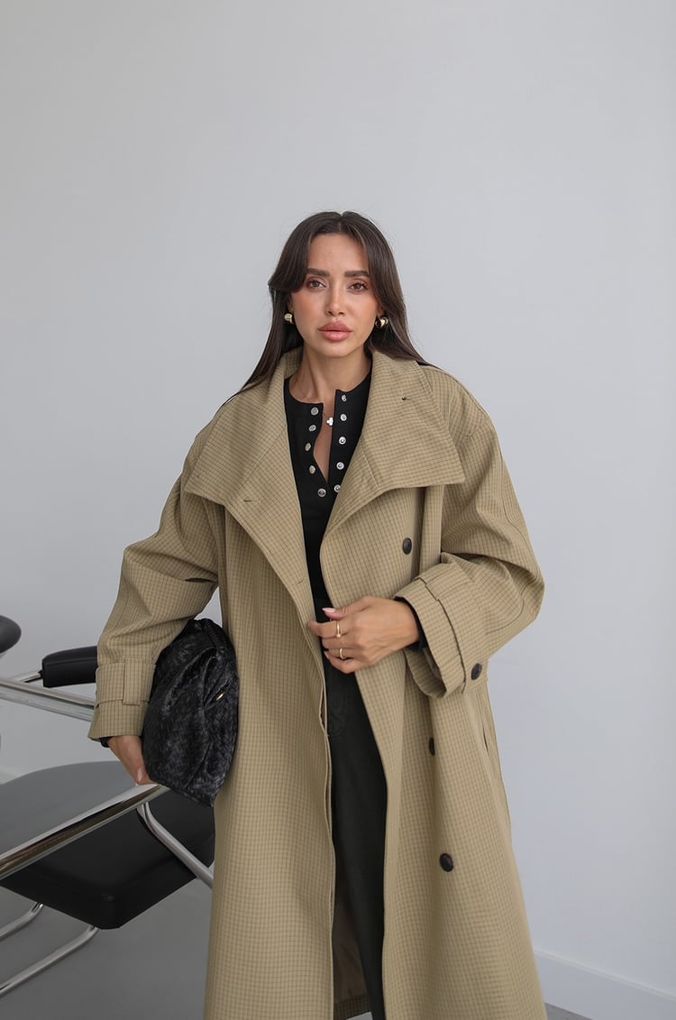 Haki Kareli Oversize Trençkot