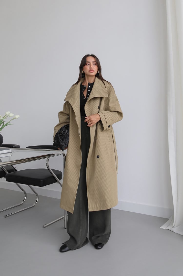 Haki Kareli Oversize Trençkot
