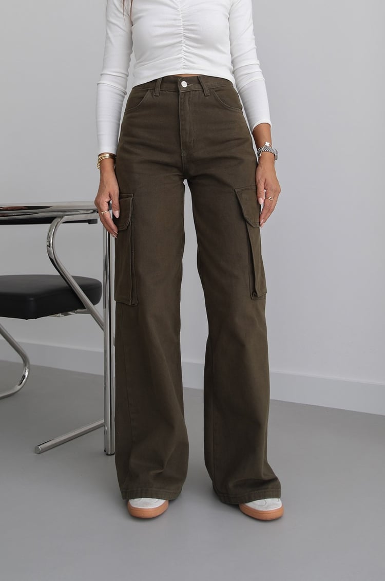 Haki Kargo Cepli Wide Leg Jean