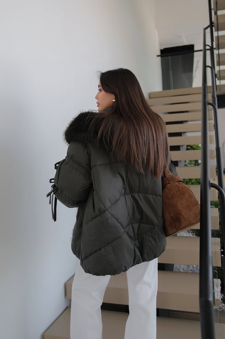 Haki Kolları Bağcık Detaylı Kürklü Mont