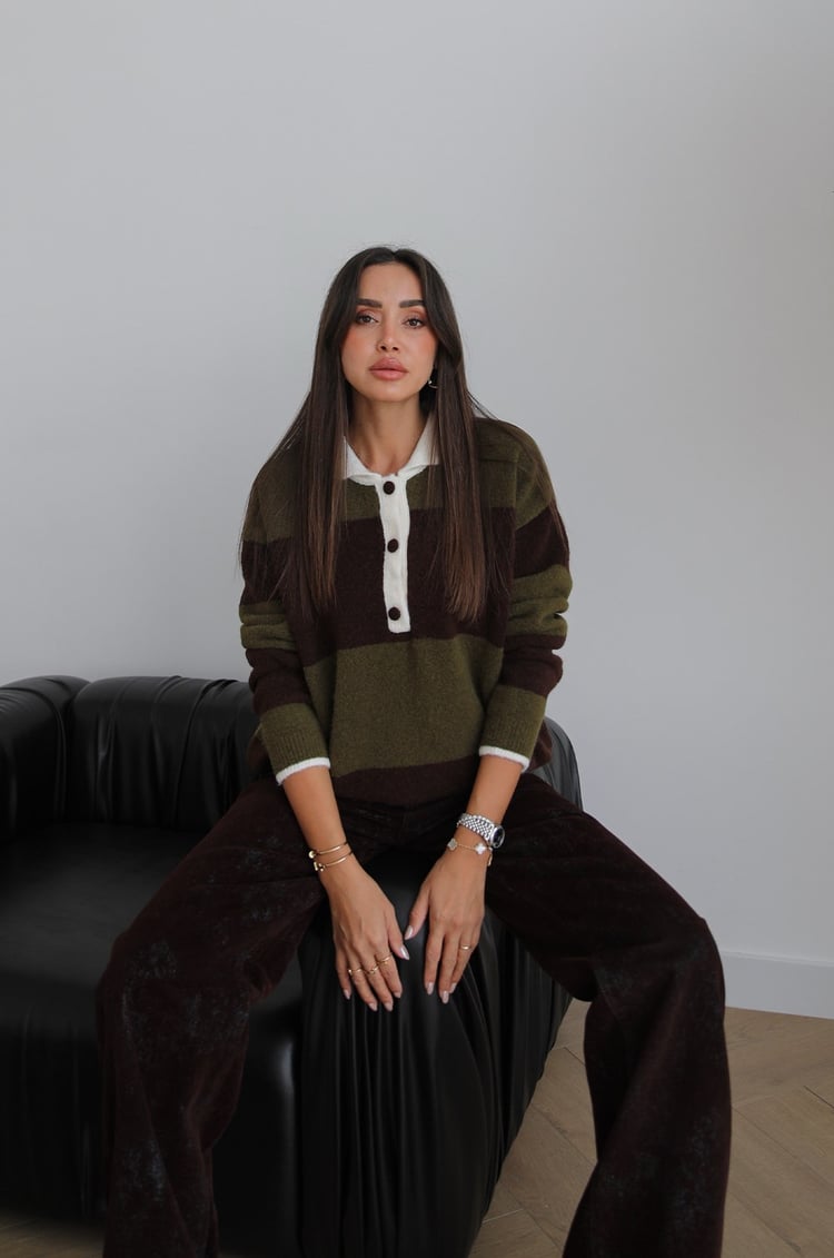 Haki Nora Çizgili Polo Yaka Kazak