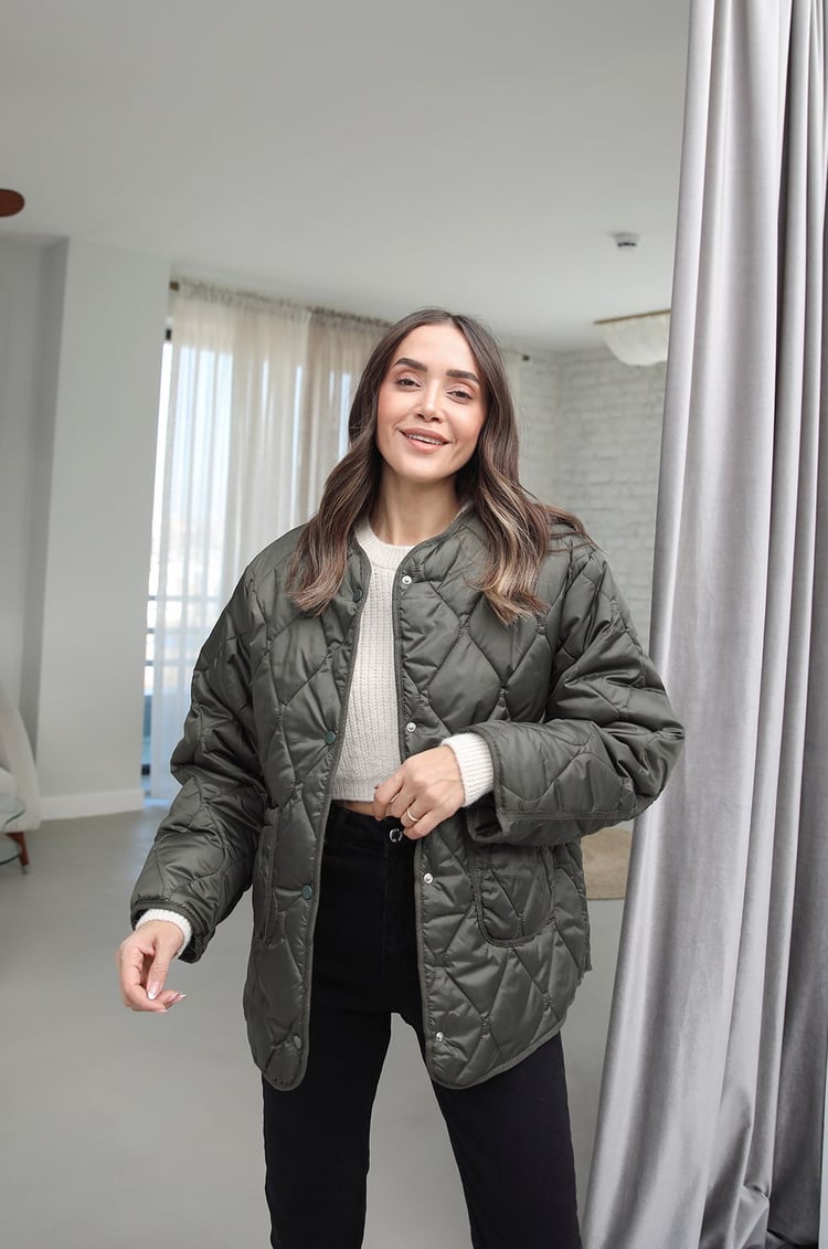 Haki Önü Çıtçıtlı Cepli Kapitone Mont