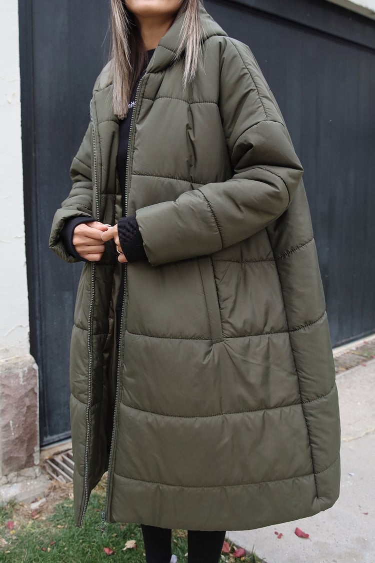 Haki Önü Fermuarlı Uzun Şişme Mont