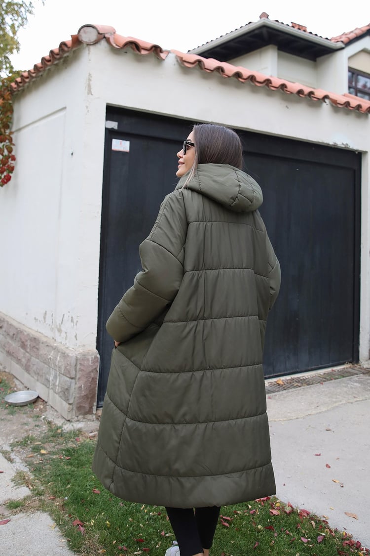 Haki Önü Fermuarlı Uzun Şişme Mont