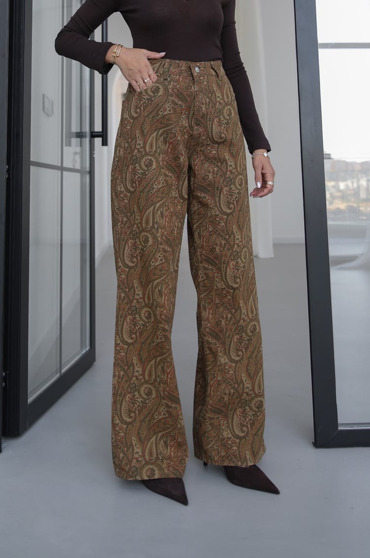 Haki Şal Desenli Straight Jean