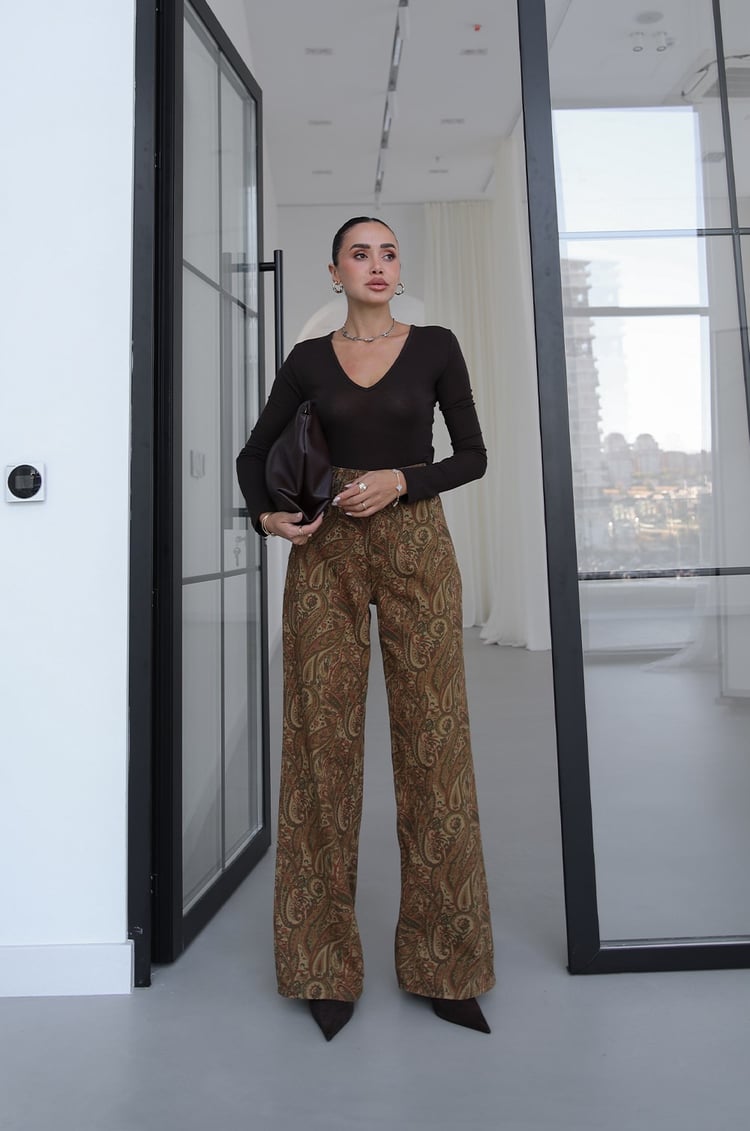 Haki Şal Desenli Straight Jean