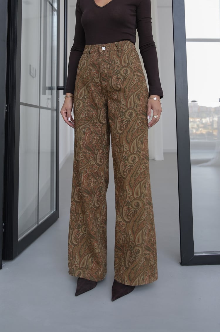 Haki Şal Desenli Straight Jean