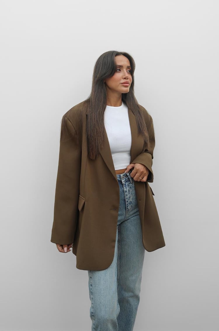 Haki Süs Cepli Oversize Blazer Ceket