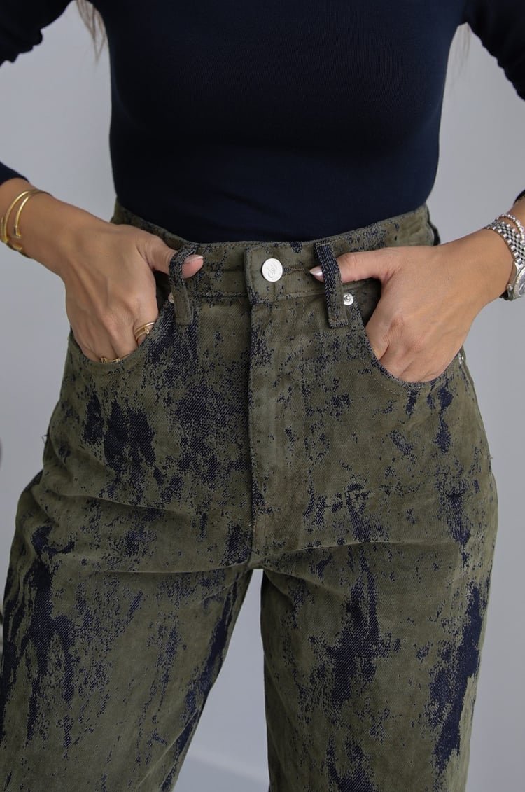 Haki Varak Desen Kadife Jean