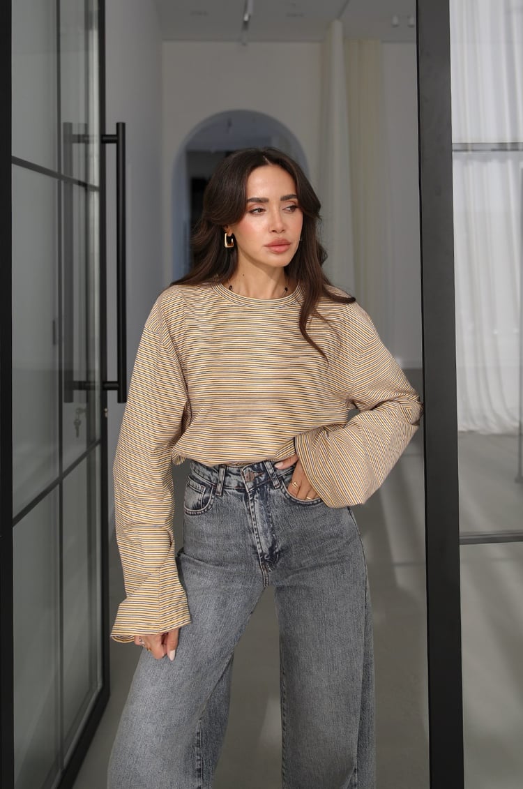 Hardal İnce Çizgili Geniş Kollu Sweatshirt
