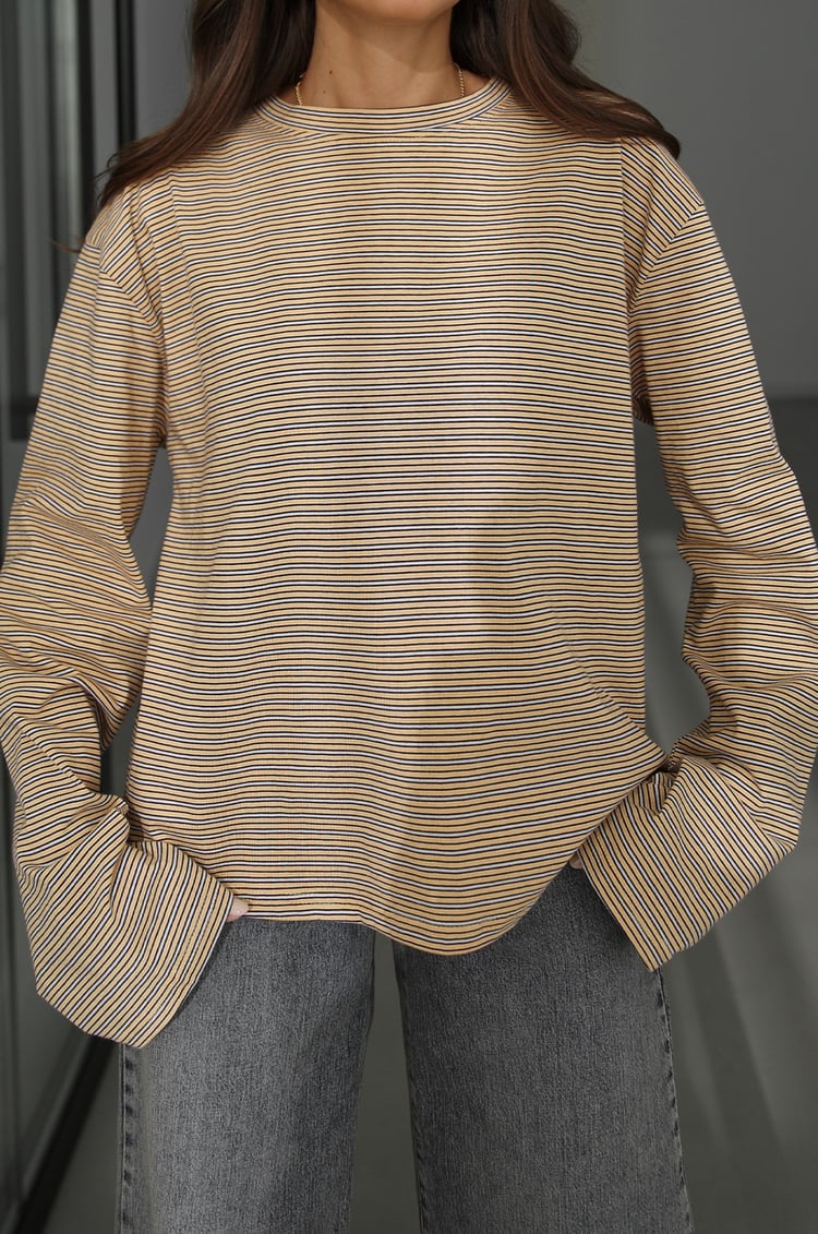Hardal İnce Çizgili Geniş Kollu Sweatshirt