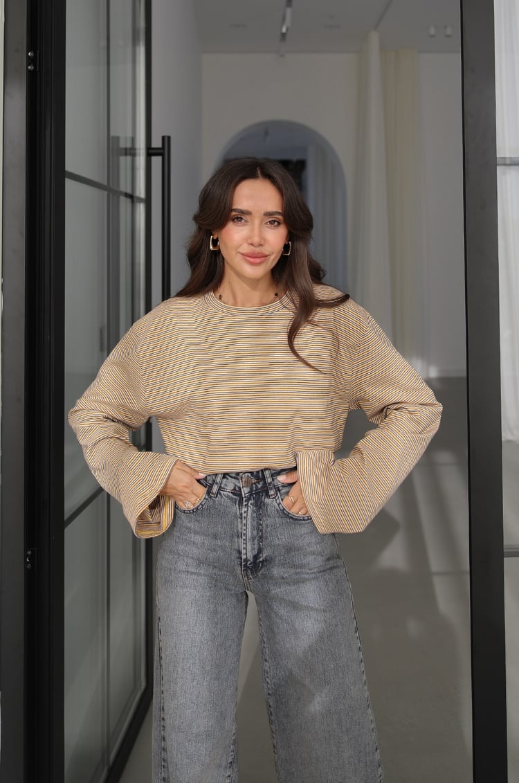 Hardal İnce Çizgili Geniş Kollu Sweatshirt