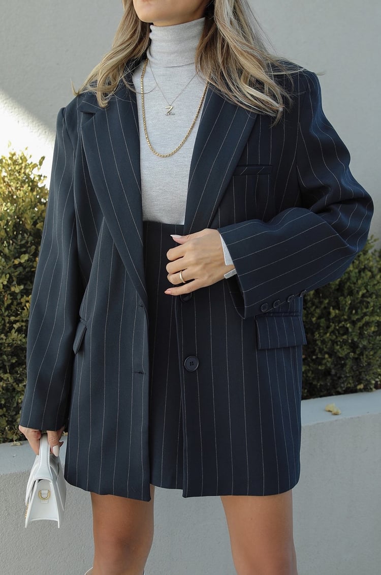 İndigo Çizgili Blazer Etek Premium Takım