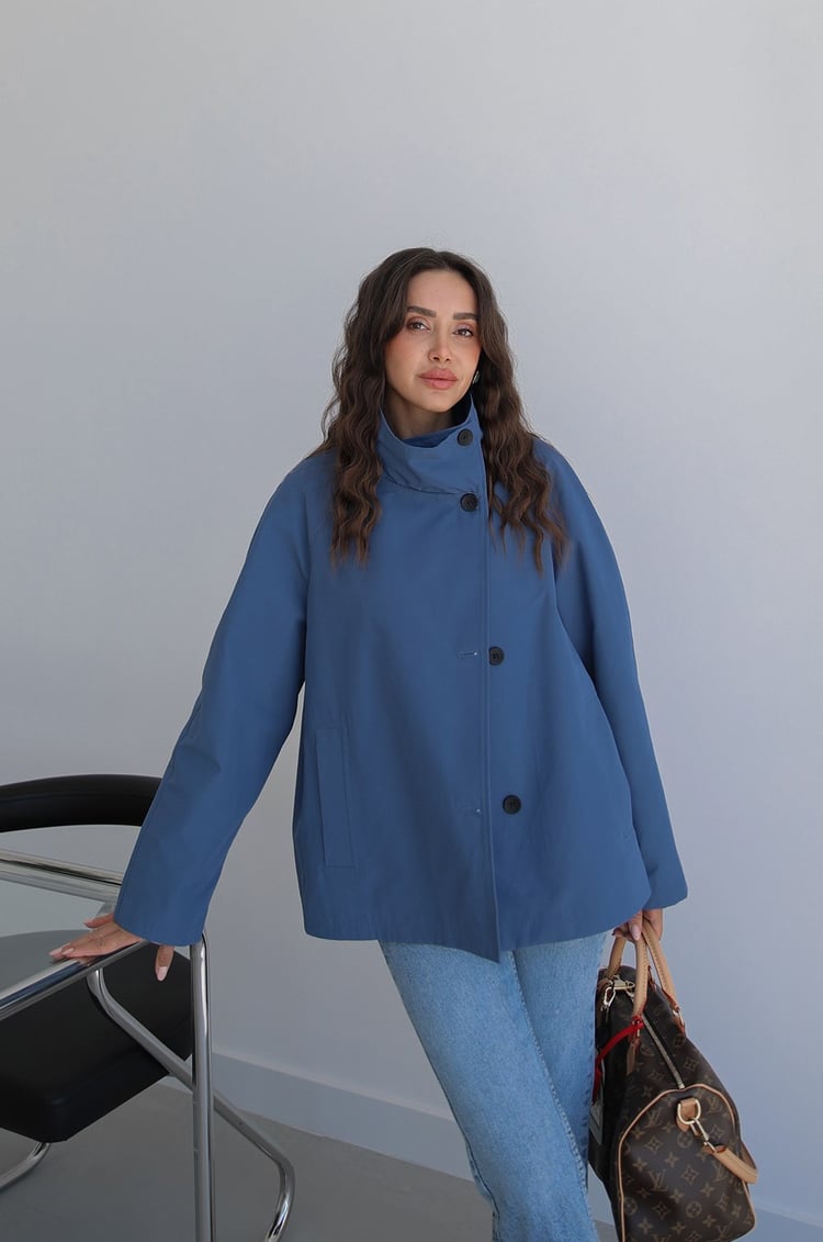 İndigo Düğmeli Oversize Trençkot