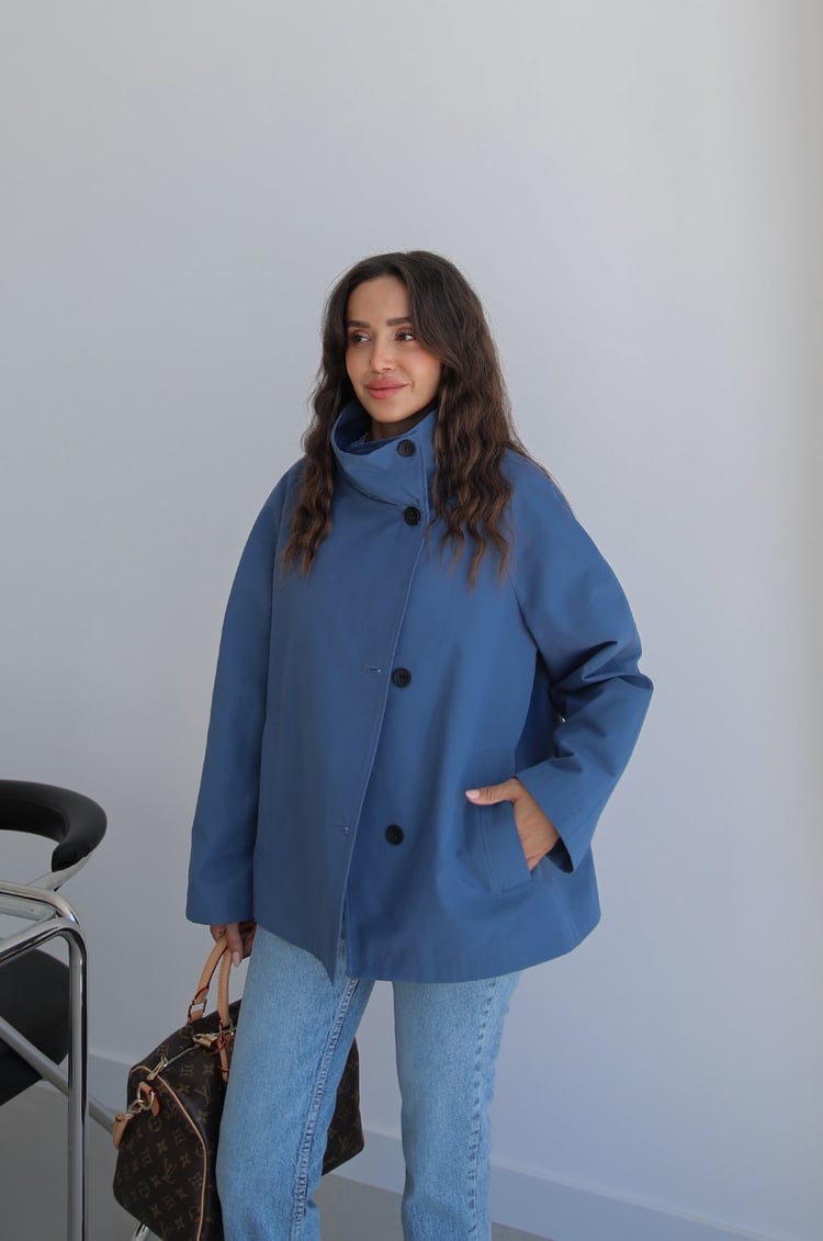 İndigo Düğmeli Oversize Trençkot