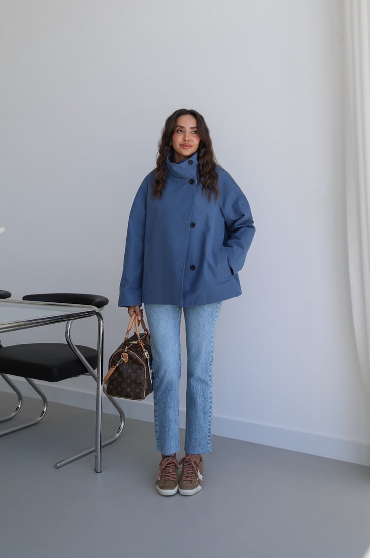 İndigo Düğmeli Oversize Trençkot