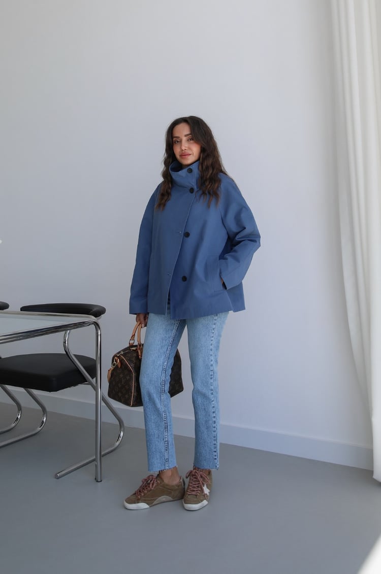 İndigo Düğmeli Oversize Trençkot