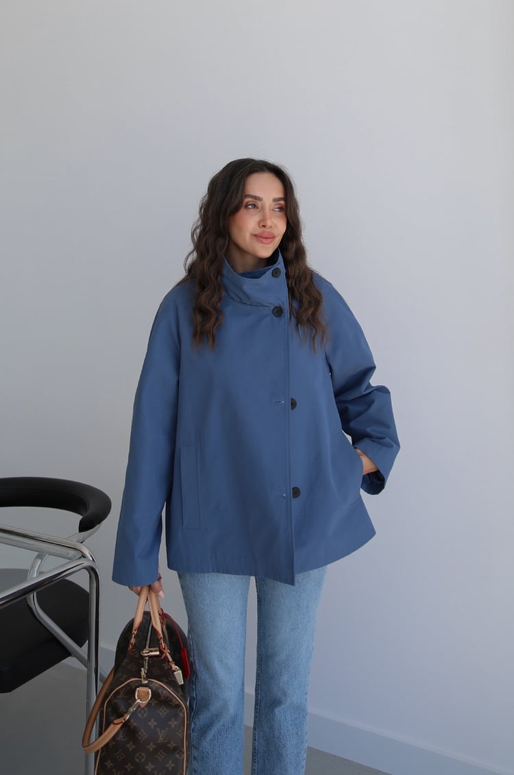 İndigo Düğmeli Oversize Trençkot