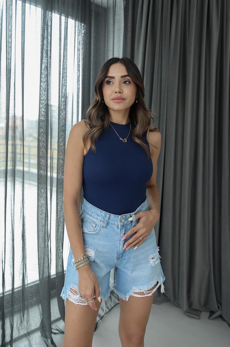 İndigo Mavi Halter Yaka Fitilli Atlet