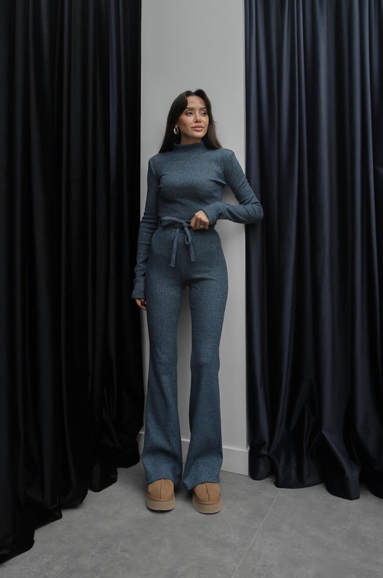 İndigo Ribbed Bluz Pantolon Takım