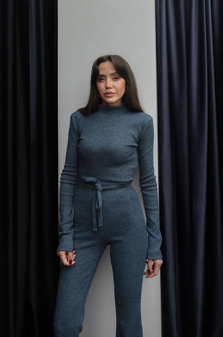 İndigo Ribbed Bluz Pantolon Takım