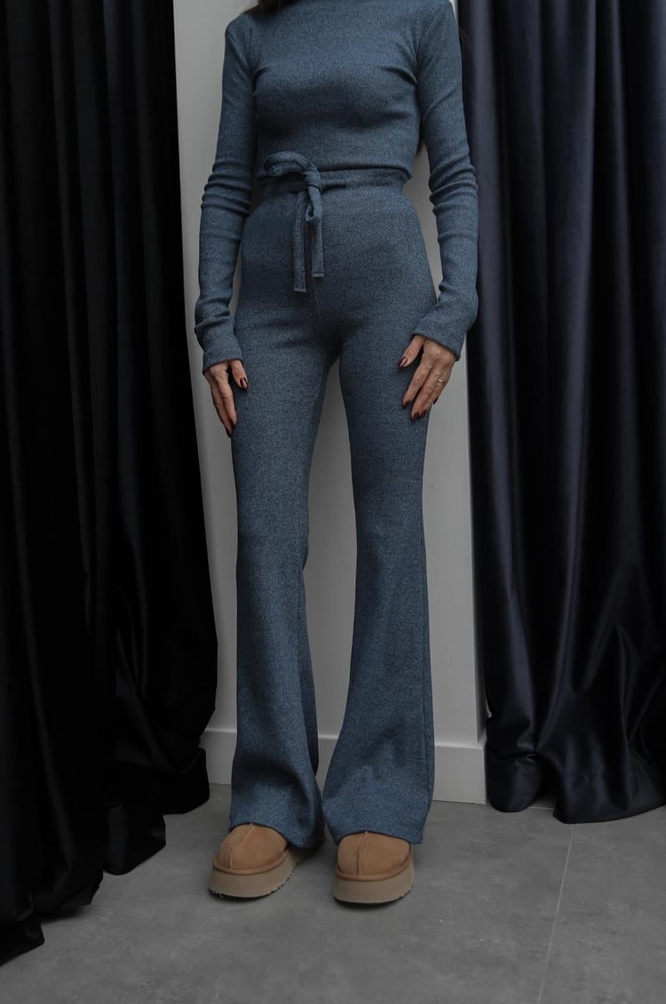 İndigo Ribbed Bluz Pantolon Takım