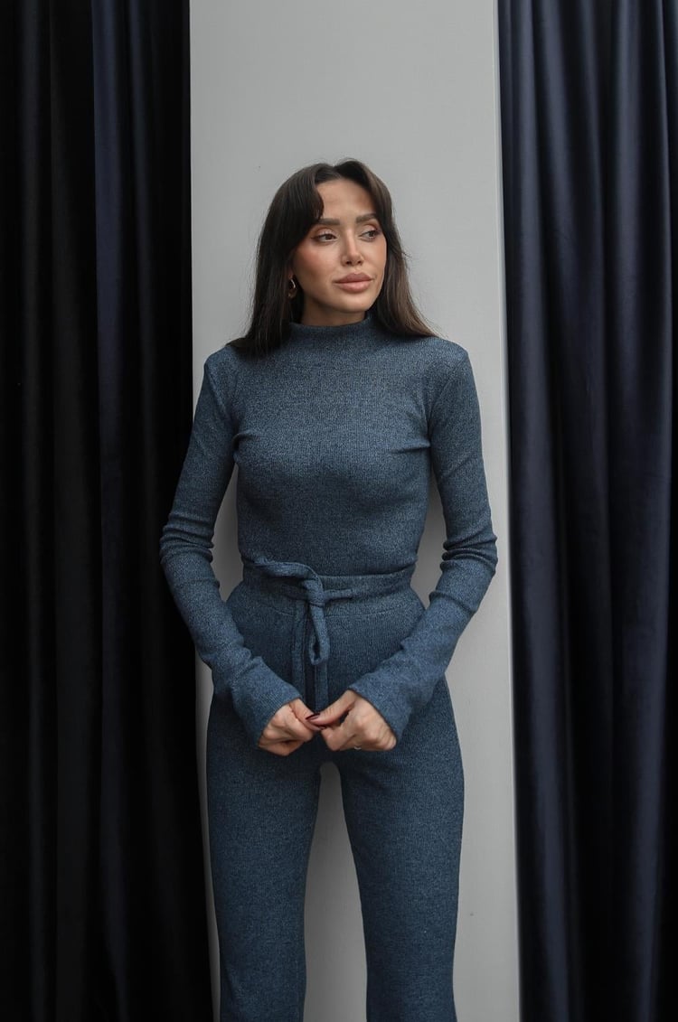 İndigo Ribbed Bluz Pantolon Takım
