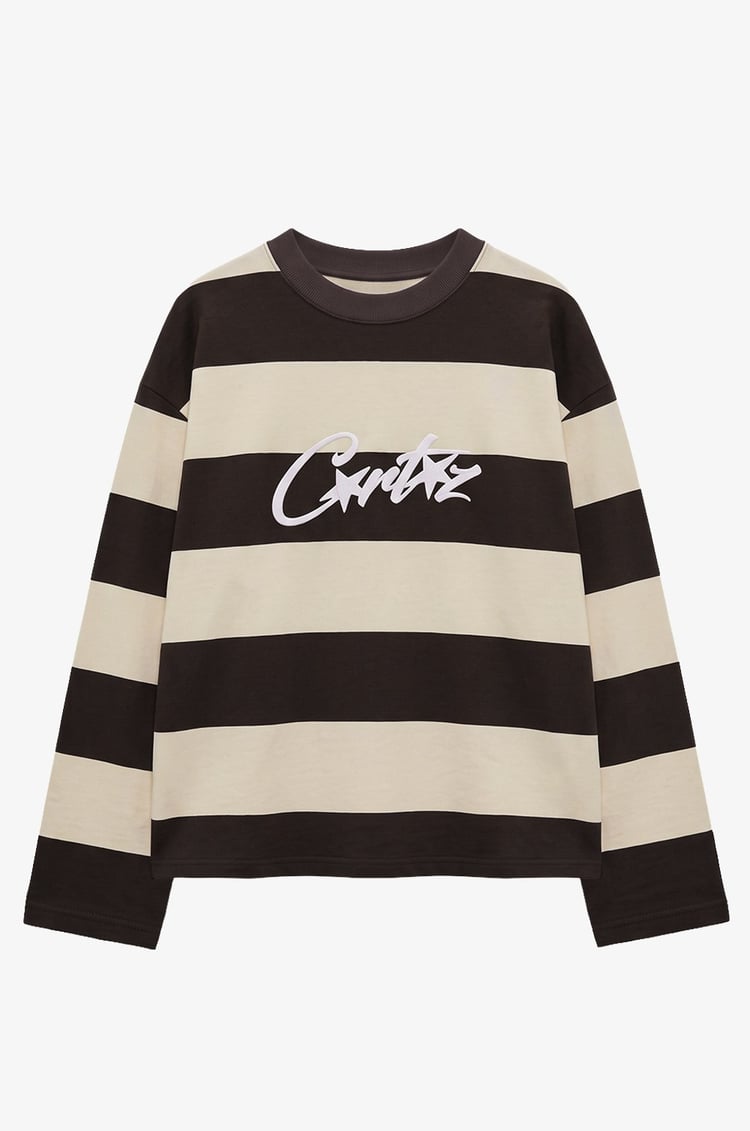 Kahve Crtz Baskılı Çizgili Sweatshirt