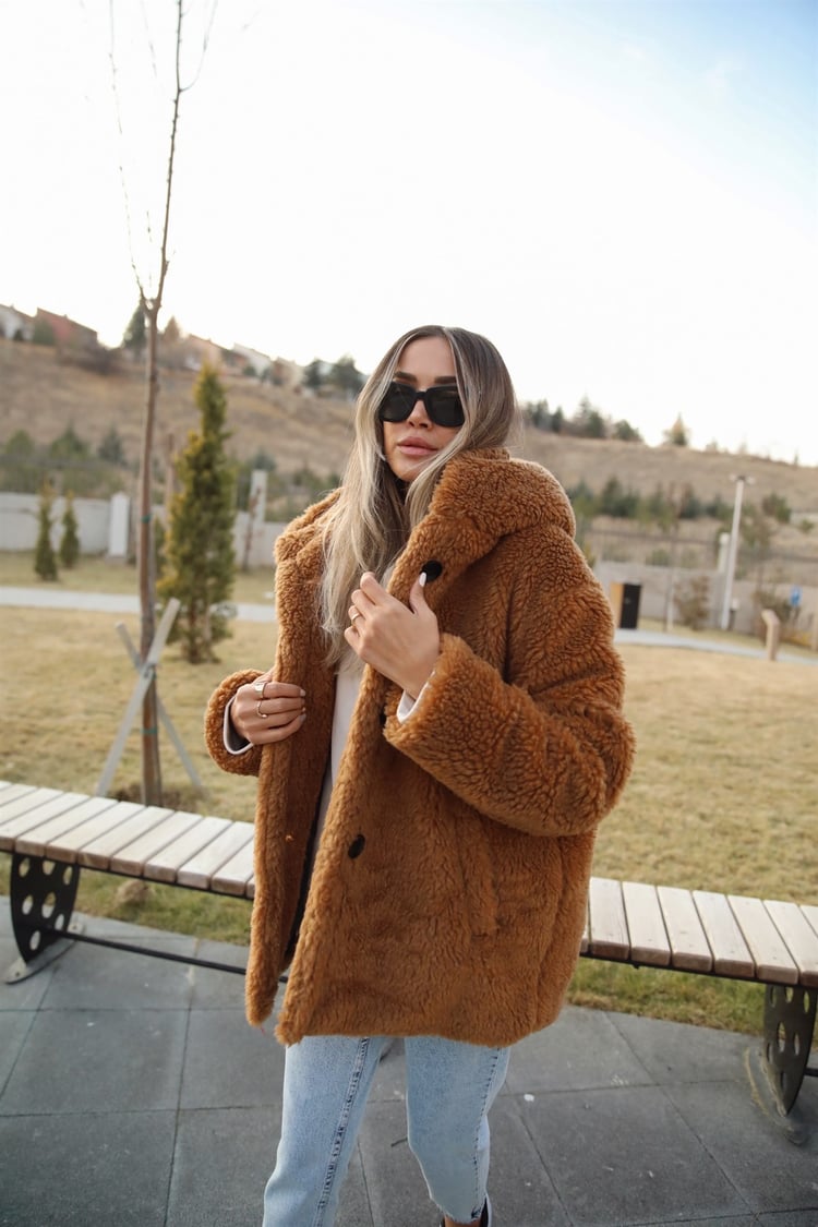 Kahve Kapüşonlu Peluş Mont