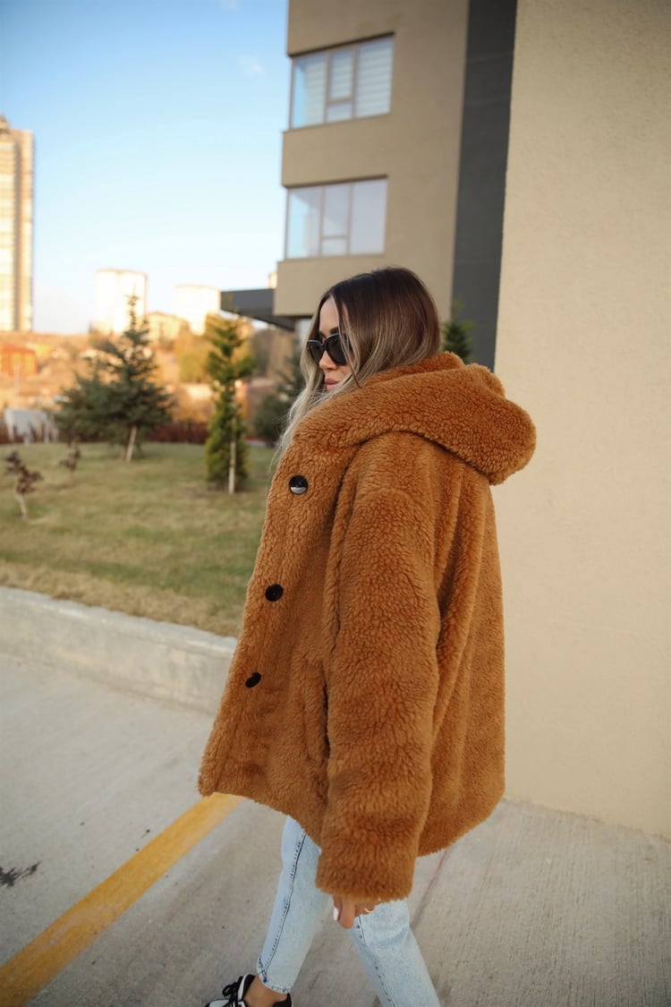 Kahve Kapüşonlu Peluş Mont