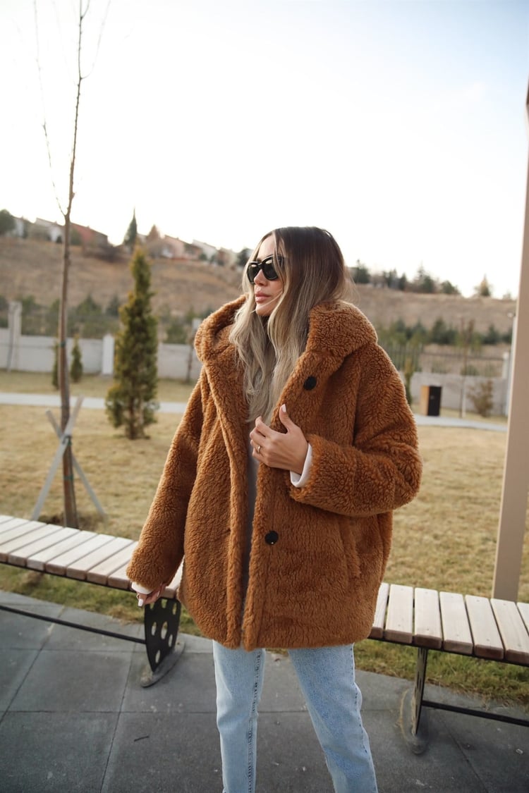 Kahve Kapüşonlu Peluş Mont