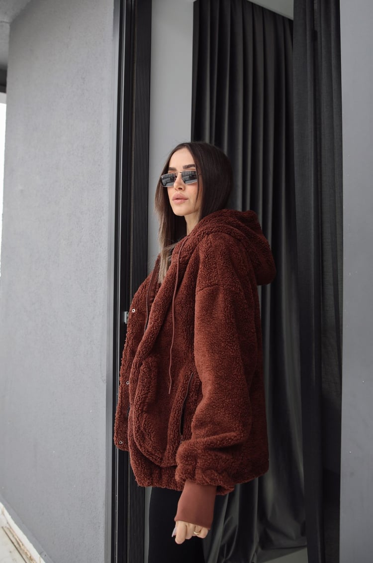 Kahve Önü Cepli Kapüşonlu Peluş Mont