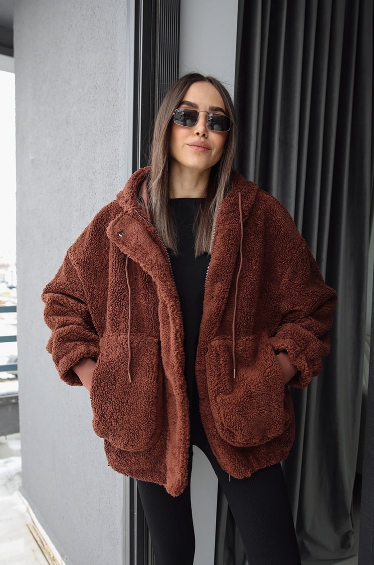 Kahve Önü Cepli Kapüşonlu Peluş Mont