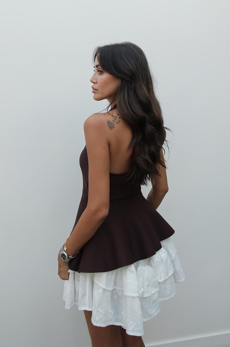 Kahverengi Boyun Askılı Peplum Triko Bluz