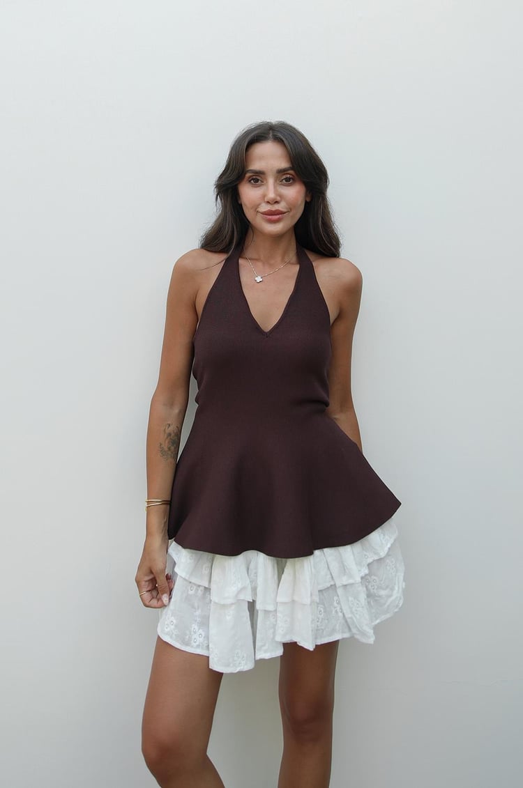 Kahverengi Boyun Askılı Peplum Triko Bluz