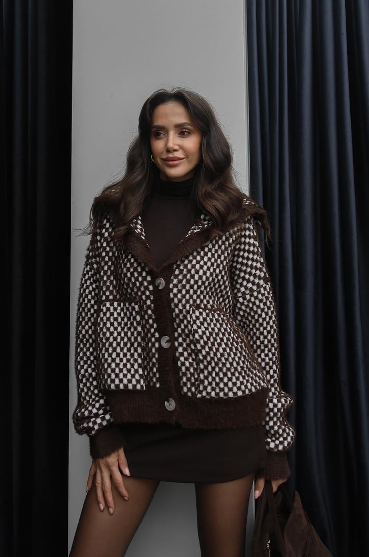 Kahverengi Checkerboard Cepli Hırka