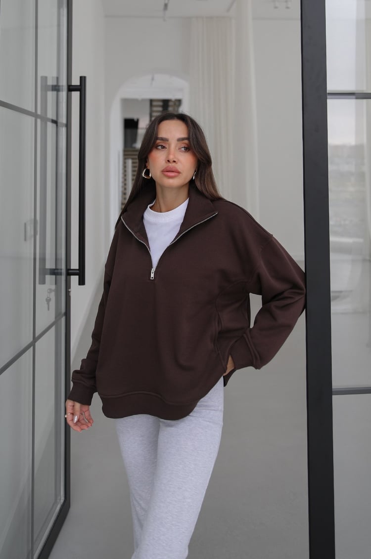 Kahverengi Collar Fermuarlı Dik Yaka Sweatshirt