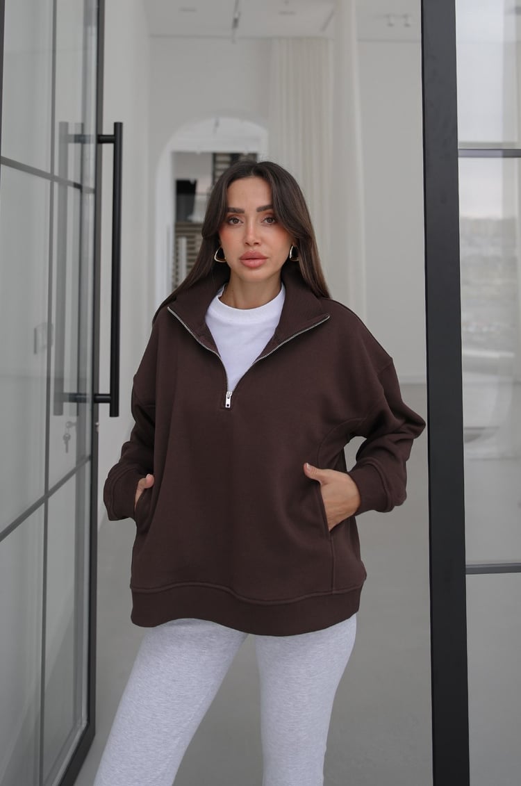 Kahverengi Collar Fermuarlı Dik Yaka Sweatshirt
