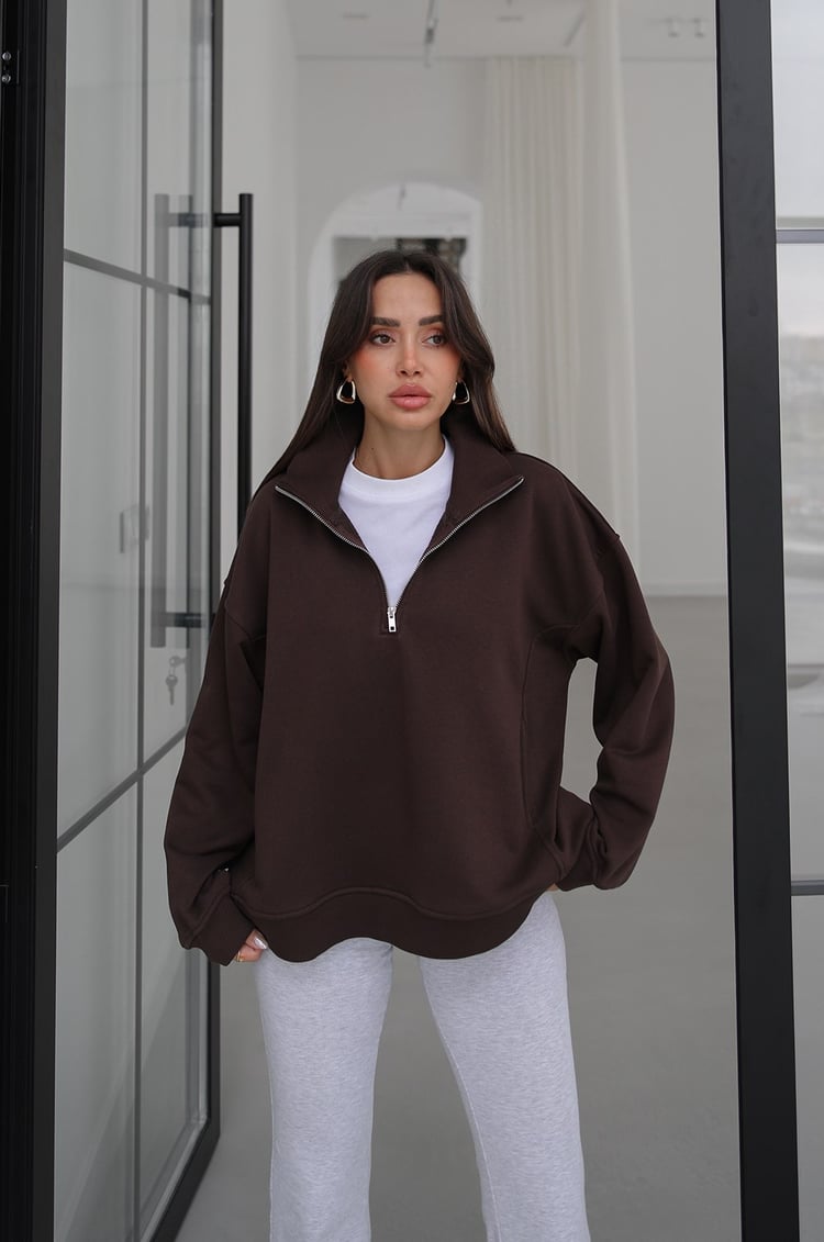 Kahverengi Collar Fermuarlı Dik Yaka Sweatshirt