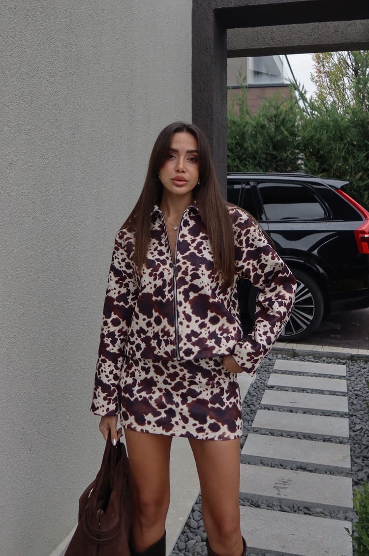 Kahverengi Cow Print Ceket Etek Takım